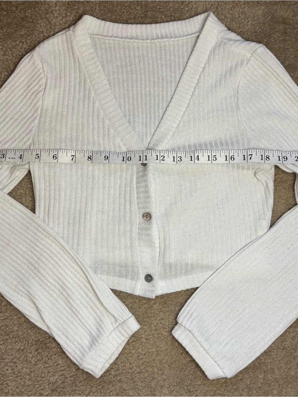 Cropped Cream Ribbed V-Neck Button Cardigan - Picture 5 of 6